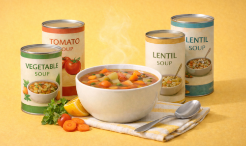 Canned and sachet soups made with natural, vegan and organic ingredients