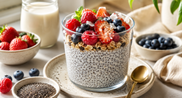 chia seed pudding with fresh berries and plant-based milk for a healthy breakfast