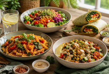 Easy vegan dinner recipes for busy weeknights featuring a fresh salad, pasta, chickpeas with tofu, and a healthy wrap.
