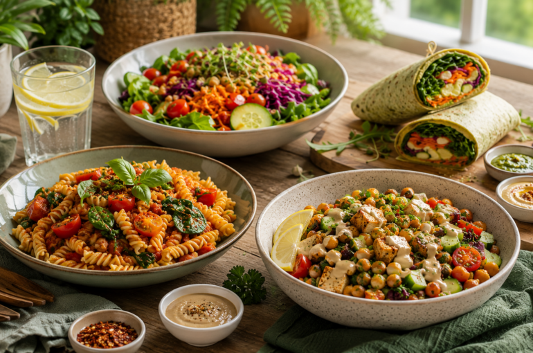 Easy vegan dinner recipes for busy weeknights featuring a fresh salad, pasta, chickpeas with tofu, and a healthy wrap.