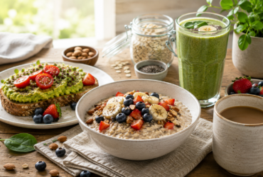 Easy vegan breakfast recipes for busy mornings with oatmeal, avocado toast, fresh fruit, and a green smoothie.