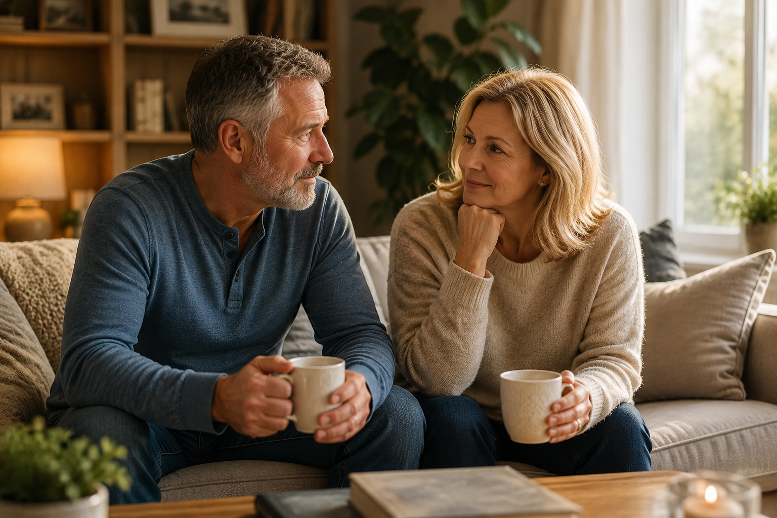 Mature couple having a supportive conversation about men's wellness and emotional well-being at home
