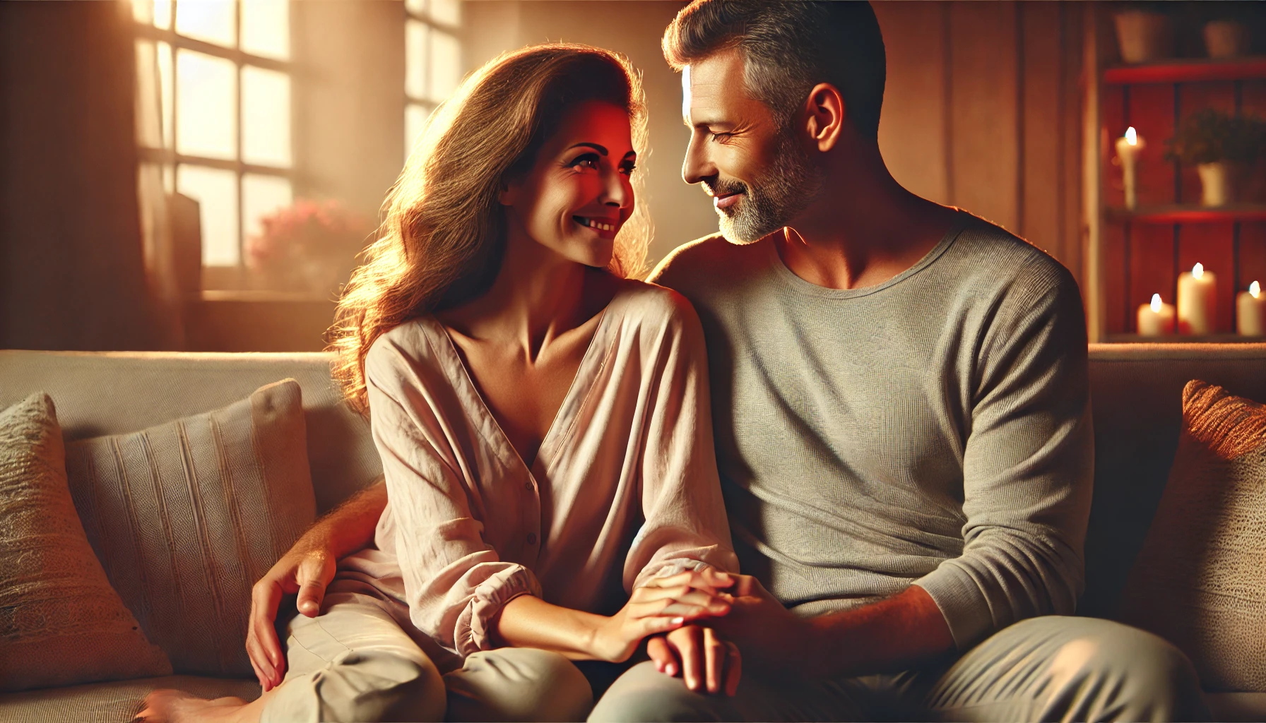 Happy couple sharing a warm and intimate moment together at home, representing emotional connection and relationship well-being